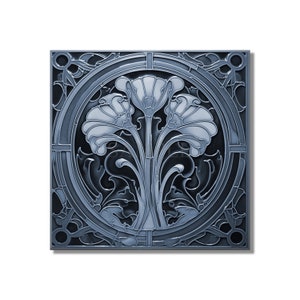Ceramic Tile Blue Gray Vintage Art Nouveau Design Kitchen Backsplash Tile - Bathroom Tile - Antique Reproduction Tile Ceramic Fireplace Tile