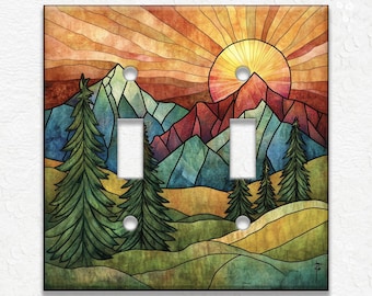 Decorative Switch Plate Covers Stained Glass Mountain Landscape Light Electric Switch Plate Cover Metal Wallplates Home Decor Cabin Decor