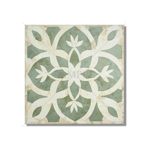 May include: Square tile with a symmetrical floral design. The pattern features a central flower shape with four petals, surrounded by curved lines and leaf-like elements. The color palette includes muted green and off-white, with a textured, aged appearance.