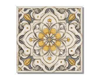May include: Square decorative tile with a floral design. The tile features a central flower with yellow petals, surrounded by white and gray scrollwork. The tile has a textured appearance and a vintage aesthetic.