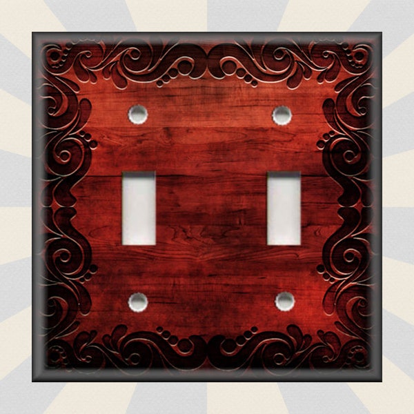 Rustic Swirl Framed Wood Design Dark Red - Metal Light Switch Cover - Switch Plates And Outlet Covers Triples Rockers - Free Shipping