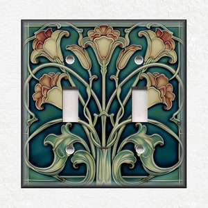 May include: A light switch cover with a decorative design featuring stylized flowers in shades of yellow, orange, and green on a teal background.