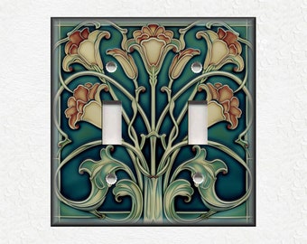 May include: A light switch cover with a decorative design featuring stylized flowers in shades of yellow, orange, and green on a teal background.