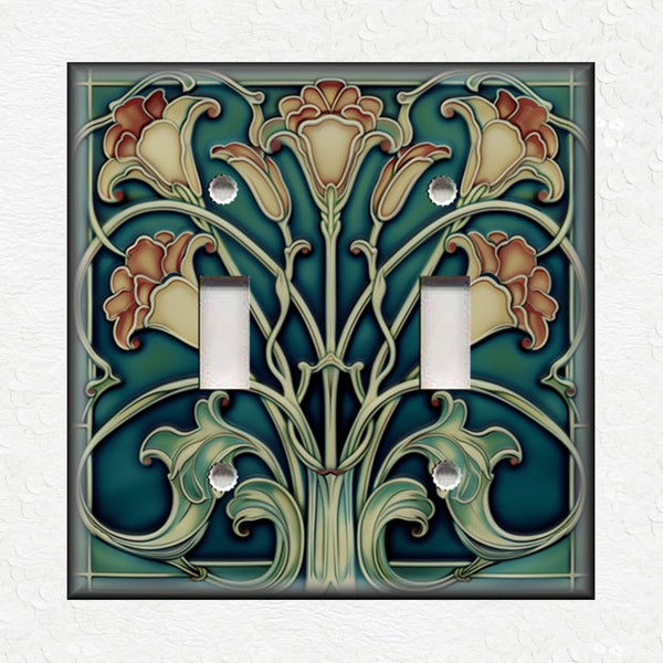Blue Green Vintage Art Nouveau Design Metal Light Switch Plate Covers And Outlet Covers - Antique Design Home Decor - Art Nouveau Home Decor
