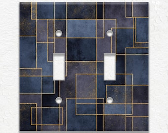 Blue Gray Gold Abstract Geometric Design Metal Light Switch Covers and Outlet Covers, Duplex Covers, Receptacle Covers, Contemporary Decor