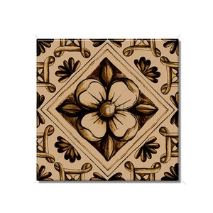 May include: A square tile with a brown and white floral design. The tile has a beige background with a brown diamond shape in the center. The diamond shape contains a stylized flower with four petals and a brown center. The corners of the tile are decorated with brown floral motifs.