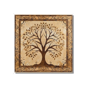 May include: A brown tree of life with intricate details, surrounded by a decorative border of brown vines and swirls on a beige background.