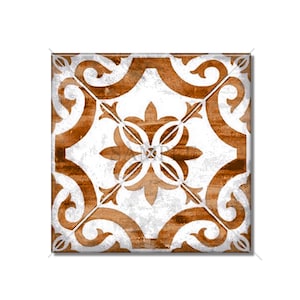 May include: A square tile with a white background and a brown floral pattern. The pattern is symmetrical and features a central flower with four petals.