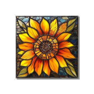 May include: A stained glass sunflower with yellow, orange, and brown glass pieces. The sunflower is framed in a dark brown frame.