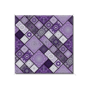 May include: Purple and white geometric pattern with a repeating mandala design. The pattern is made up of squares and diamonds.