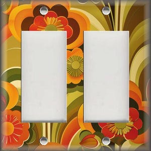 May include: A decorative double light switch cover with a retro floral design. The cover features a vibrant pattern of orange, red, yellow, and green flowers and leaves. The switch plates are white, and the screws are silver.