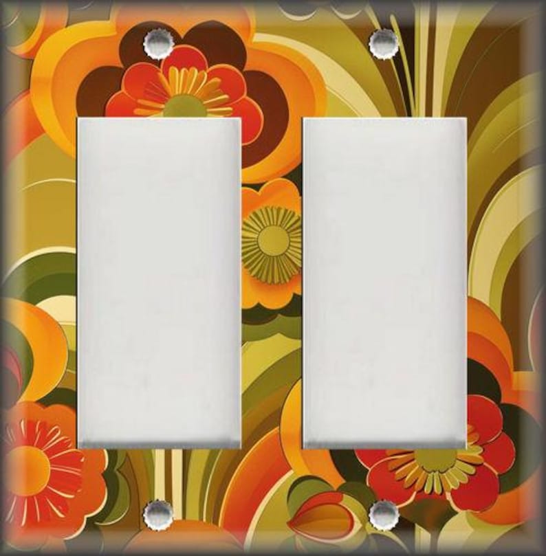 May include: A decorative double light switch cover with a retro floral design. The cover features a vibrant pattern of orange, red, yellow, and green flowers and leaves. The switch plates are white, and the screws are silver.