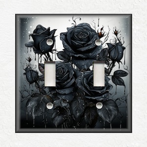Gothic Design Light Switch Covers And Outlet Covers - Black Rose Design Switch Plates Set Of Metal Wallplates - Black Gothic Home Decor