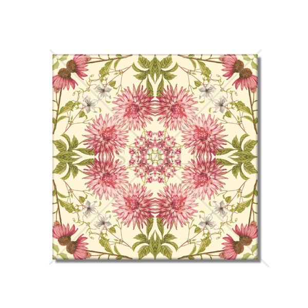 Vintage Botanical Floral Ceramic Tile - Pink Green Ceramic Tile - Kitchen Backsplash Tile - Ceramic Bathroom Wall Tiles - Patterned Tile