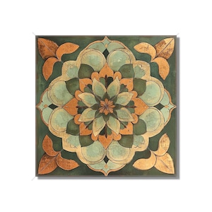 May include: A square canvas wall art featuring a green, gold, and blue mandala design. The mandala is a circular pattern with intricate details and a floral motif.