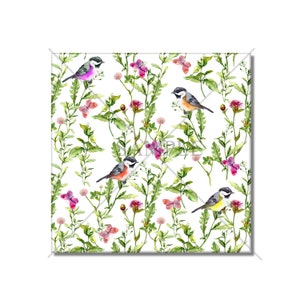 May include: A watercolor pattern featuring small birds and pink flowers on a white background. The birds are perched on green stems and have black, white, and brown markings. The flowers are pink and have green leaves.