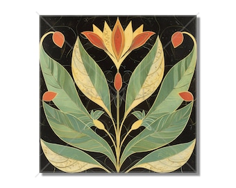 May include: A stylized floral design with a central flower in shades of orange and yellow, surrounded by green leaves on a black background.