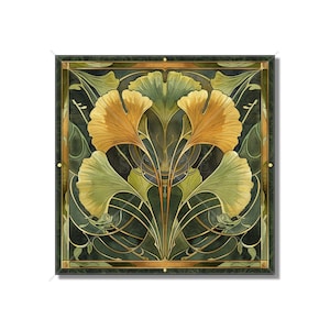 May include: Square artwork featuring a stylized ginkgo leaf design. The artwork showcases a symmetrical arrangement of golden and green leaves against a dark green background, framed by gold lines. The overall aesthetic is reminiscent of Art Nouveau.