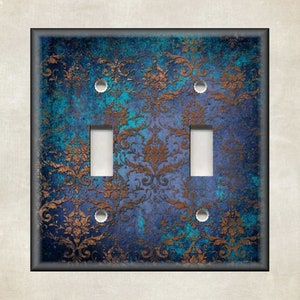 Aged Copper Patina With Blue Print Decor - Metal Light Switch Cover - Switch Plate Covers And Outlet Covers - Luna Gallery - Free Shipping