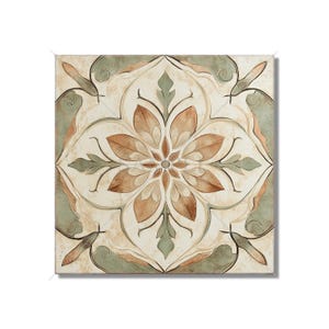 May include: Square tile with a floral design. The tile features a central flower motif in shades of brown and beige, surrounded by green and beige accents. The design is symmetrical and detailed, with a vintage aesthetic.