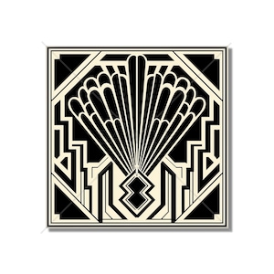 May include: Black and white geometric art print with a stylized fan design in the center. The print has a modern art deco style.