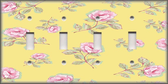 Floral Pink And Yellow Roses Shabby Chic Decor Metal Light Switch Plate Cover 
