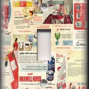 May include: A vintage collage of magazine advertisements featuring products like Maxwell House coffee, Jell-O, and Westinghouse appliances. The collage is in a red, white, and blue color scheme and features a variety of images and text.
