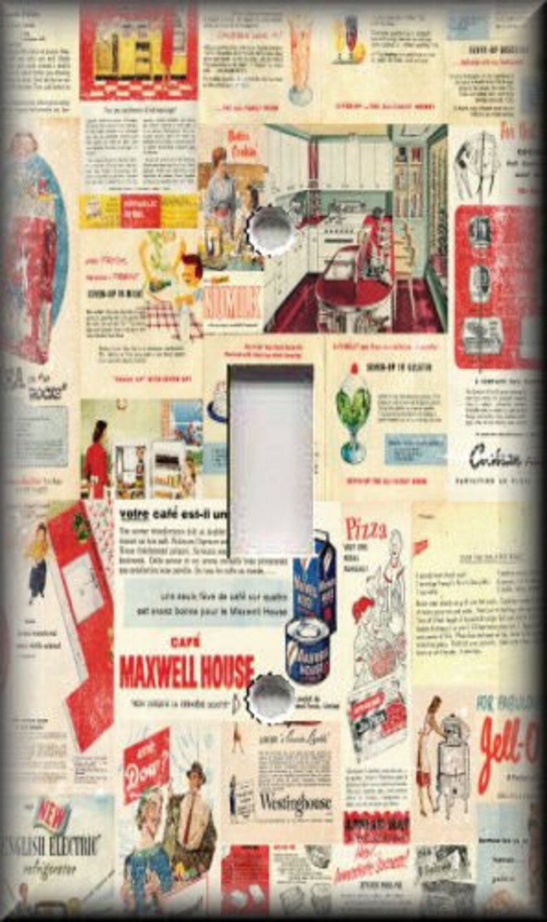 May include: A vintage collage of magazine advertisements featuring products like Maxwell House coffee, Jell-O, and Westinghouse appliances. The collage is in a red, white, and blue color scheme and features a variety of images and text.