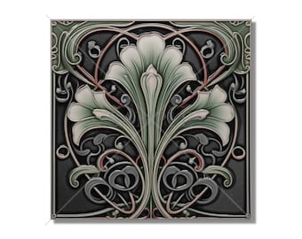 Green And Grey Vintage Art Nouveau Design Ceramic Tile Kitchen Backsplash Tile - Bathroom Tile - Antique Reproduction Tile - Fireplace Tile