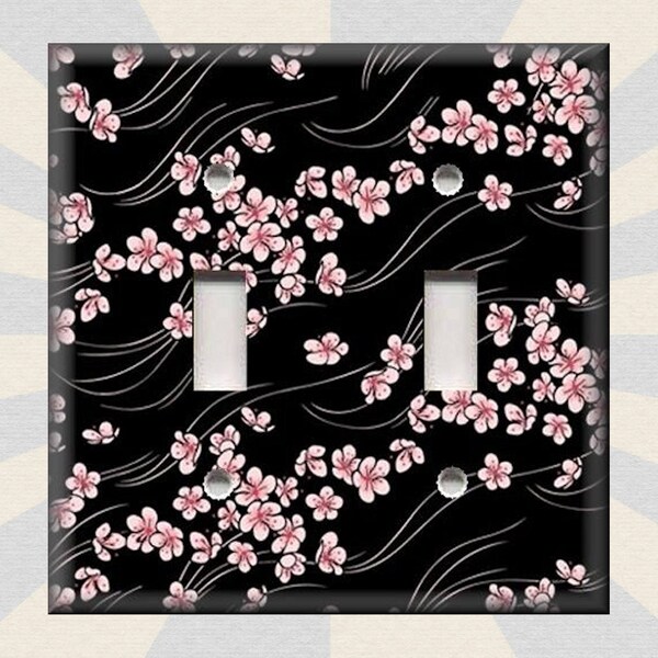 Cherry Blossom Flowers Asian Art Home Pink Black Decor - Metal Light Switch Plate Cover - Wallplates Outlets Rocker - Free Shipping