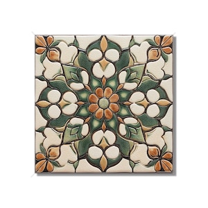 May include: A square ceramic tile with a green, brown, and white floral pattern. The tile has a raised design and a glossy finish.