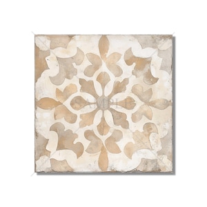 May include: A square ceramic tile with a white background and a brown floral pattern. The tile has a distressed look, with some of the brown paint chipped away.
