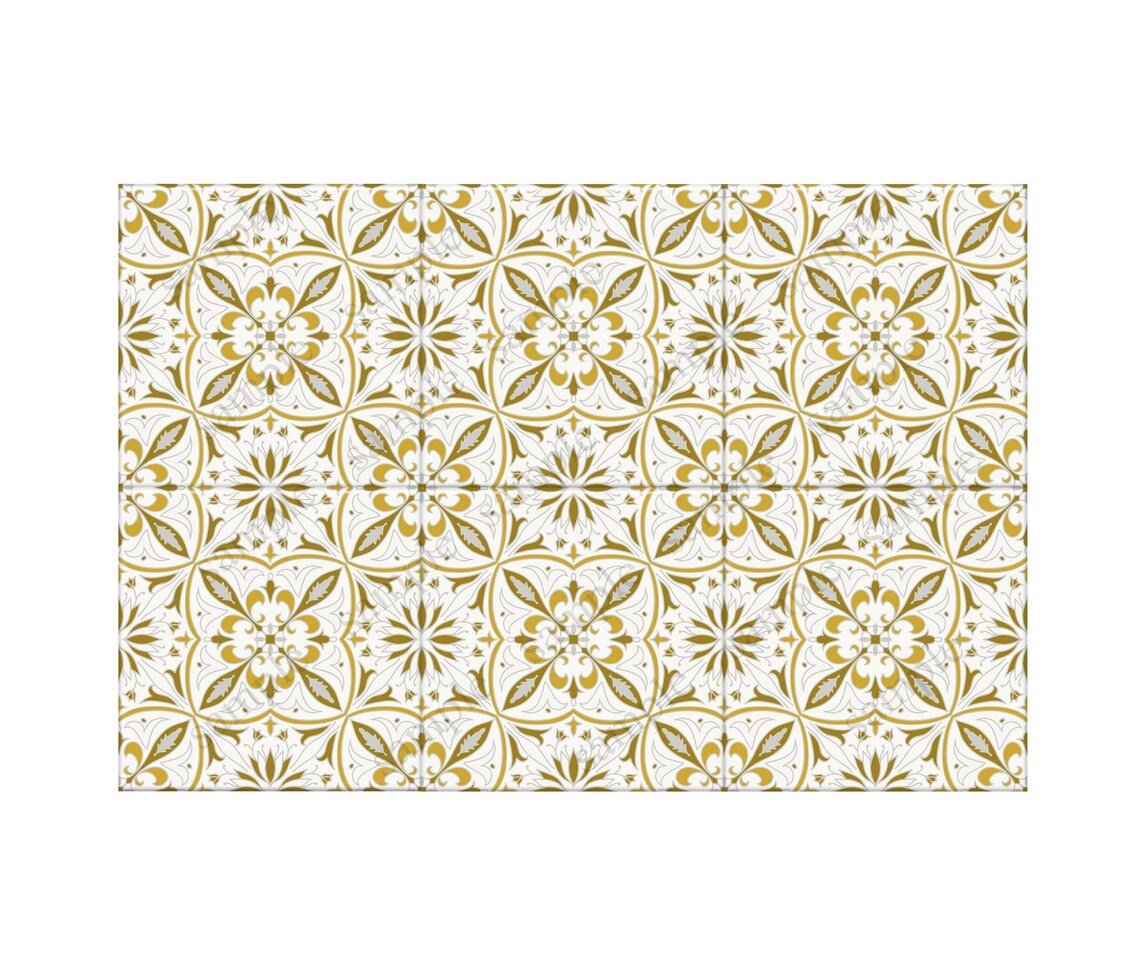Gold and White Patterned Ceramic Tile Kitchen Backsplash Tile ...