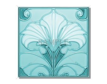 Ceramic Tile Kitchen Backsplash Tile - Aqua Blue Tile Vintage Art Nouveau Design Bathroom Tile - Antique Reproduction Tile - Fireplace Tile