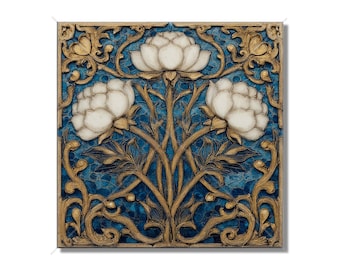Blue Floral Ceramic Tile Art Deco, Art Nouveau Design Blue Tile, Unique Kitchen Backsplash Tile, Bathroom Tile, Antique Design Tile