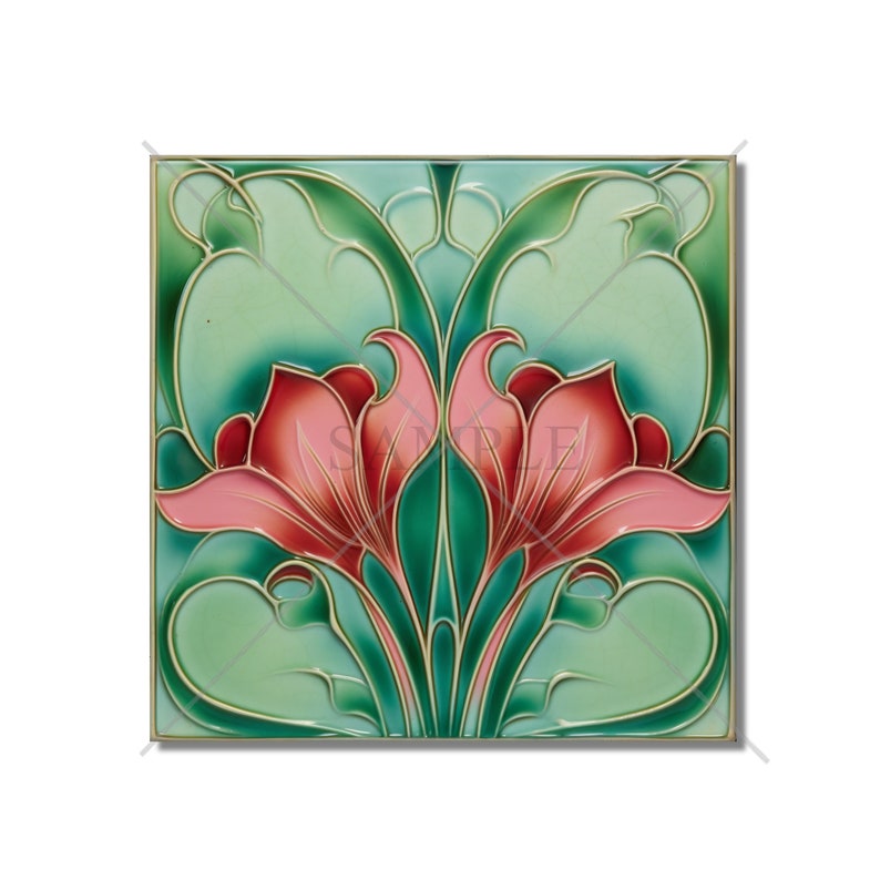 Vintage Art Nouveau Design Ceramic Tile Pink and Green Tile Bathroom