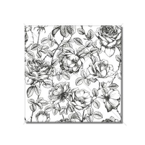 May include: Black and white illustration of a floral pattern featuring roses and leaves. The design is intricate and detailed, with a vintage aesthetic.