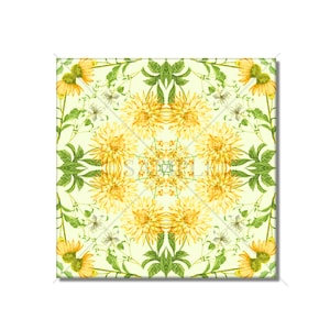 May include: A symmetrical pattern of yellow and green flowers on a light green background. The flowers are arranged in a circular pattern, with the center of the pattern being a star shape.