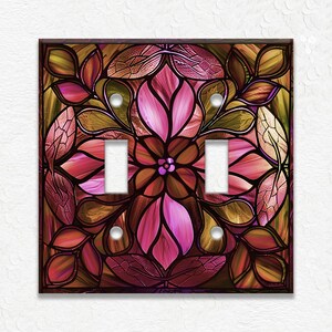 Stained Glass Flower Design Home Decor Green Pink Metal Light Switch Plate Cover - Decorative Art Nouveau Switch Plates Outlet Covers