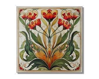 Ceramic Tile Vintage Art Nouveau Flower Design - Kitchen Backsplash Tile - Bathroom Tile - Unique Tile Backsplash - Vintage Fireplace Tile