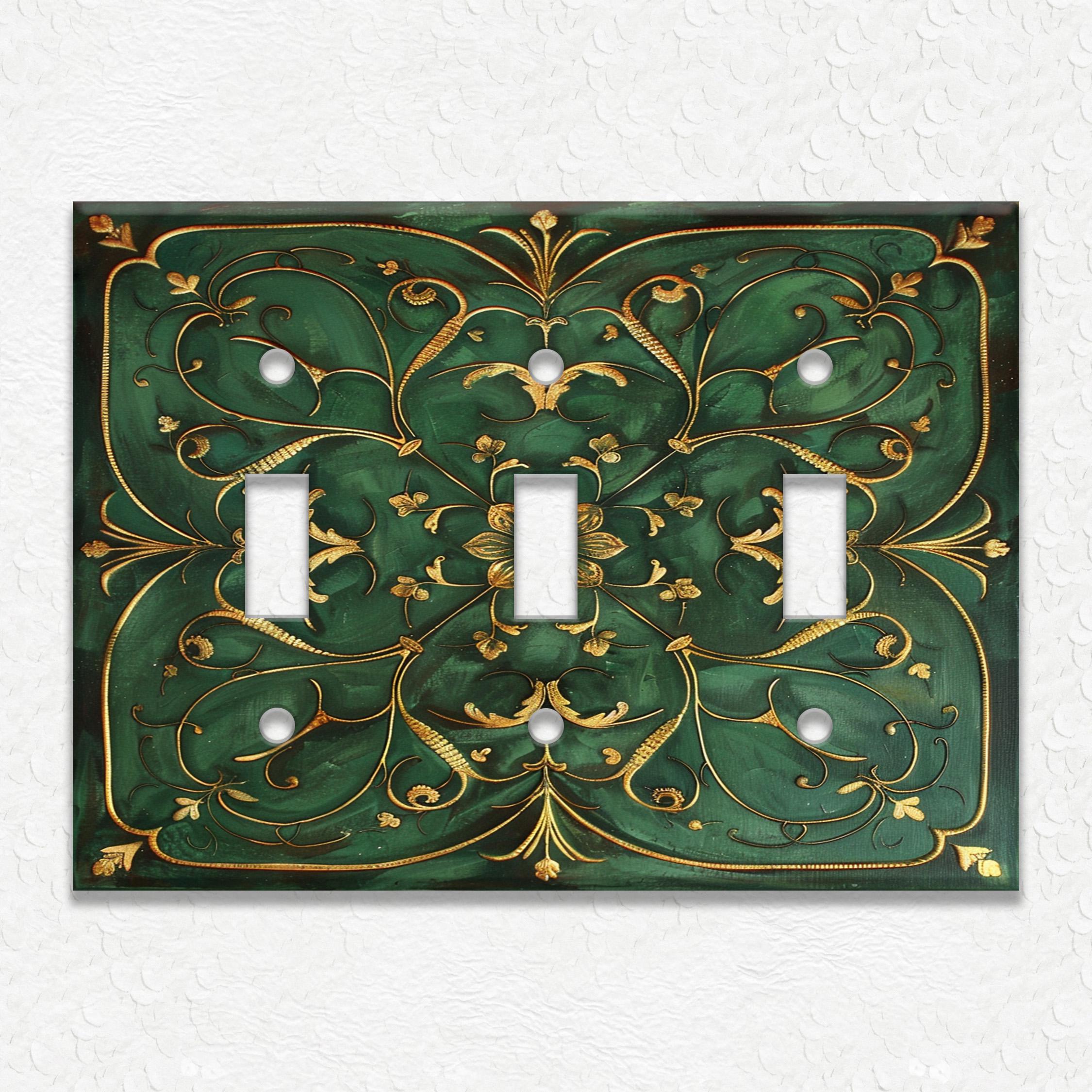 Dark Green and Gold French Pattern Metal Switch Plate Covers and Outlet