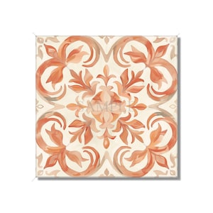 May include: A square tile with a repeating pattern of orange and white floral designs. The tile has a vintage, hand-painted look.