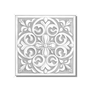 May include: A black and white illustration of a decorative tile with a floral pattern. The tile has a square shape and features intricate details in a symmetrical design.