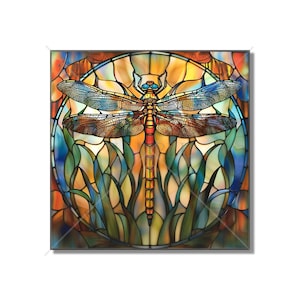 May include: A stained glass dragonfly with blue, red, yellow, and green accents. The dragonfly is surrounded by a circular frame of stained glass with a floral design.