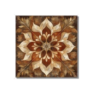 May include: A square canvas print with a brown and beige mandala design. The mandala features a central flower with intricate details and is surrounded by a repeating pattern of leaves.