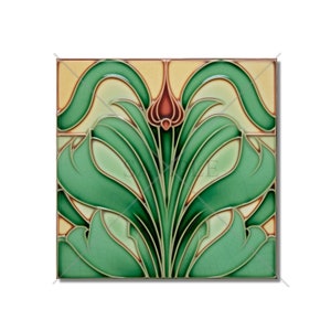 May include: A green and brown ceramic tile with a stylized floral design. The tile features a central flower with green leaves and a brown center.