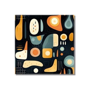 May include: Abstract art print with a black background and colorful shapes in shades of orange, yellow, and blue. The shapes are arranged in a random pattern and create a modern and stylish design.
