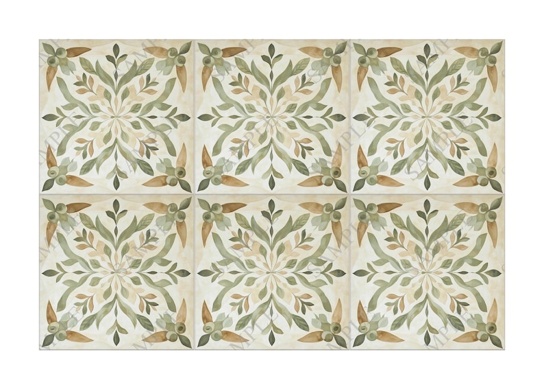 Green Beige Botanical Ceramic Tile, Patterned Kitchen Backsplash Tile