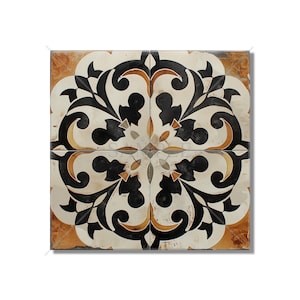 May include: A square ceramic tile with a black and white floral pattern on a cream background. The tile has a distressed look with brown and gold accents.