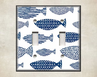 Navy White Fish Design Coastal Home Decor - Metal Light Switch Cover - Beach Switch Plate Covers And Outlet Covers - Home Decor